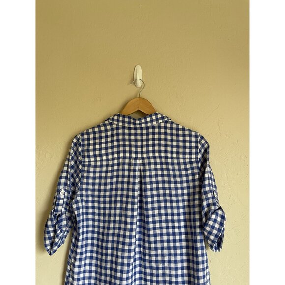 Chico's Size 0/Small/US 4 Blue White Buffalo Plaid Gingham No Iron 100% Linen Po - Picture 7 of 10